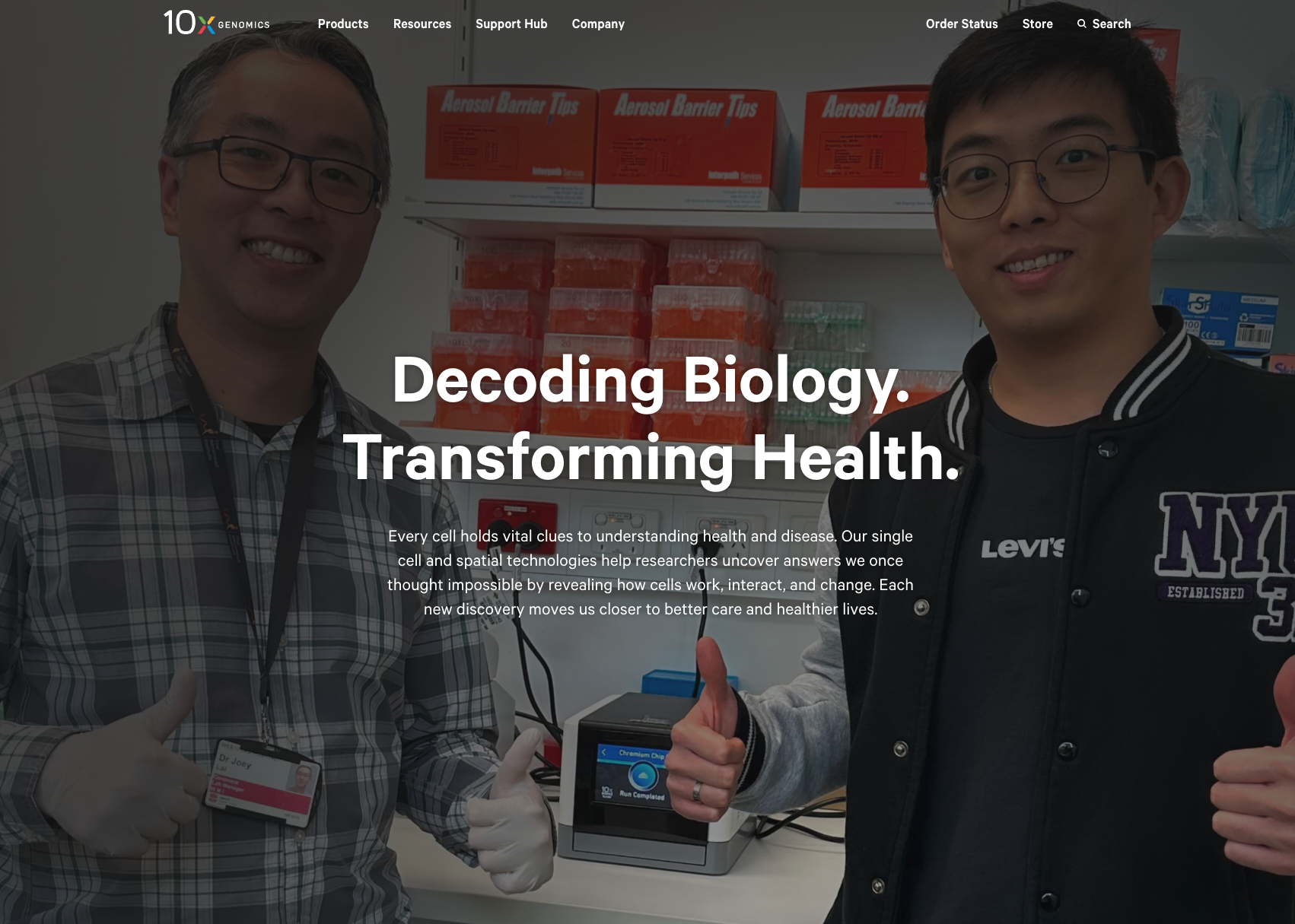 Website screenshot of 10x Genomics